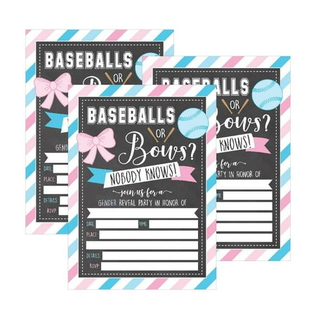 25 Baseballs Or Bows Gender Reveal Baby Shower Party Invitation 25 Baseballs Or Bows Gender Reveal Baby Shower Party Invitation