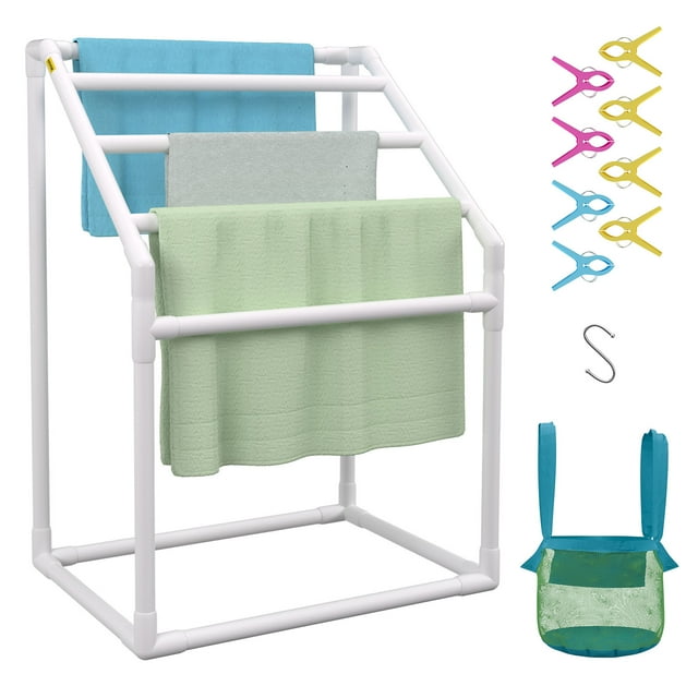 VEVOR Porte-Serviettes de Piscine, 5 Barres, Blanc, Autoportant Extérieur en PVC Trapedozal Organisateur de Rangement pour le Bord de la Piscine, Comprend 8 Pinces à Serviettes, Sac en Maille, Crochet, Range Aussi Flotteurs et Pagaies, pour Plage, Piscine