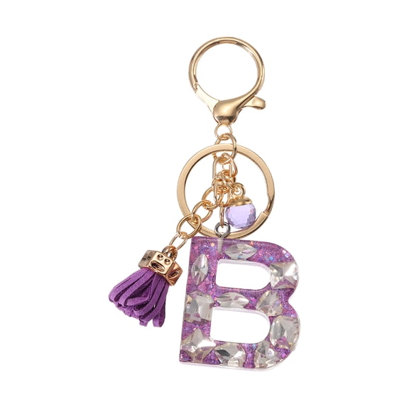 Initial Letter Keychain, Cute Alphabet Letter-B Charm with Tassel Ball, Purple