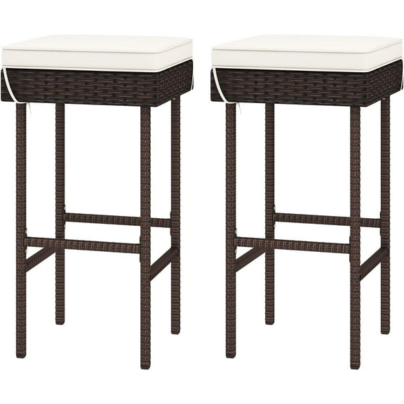 YYEAN Outdoor Bar Stools Set-of-2 - Wicker Rattan Backless Bar Chairs w/Seat Cushion, Footrest & Metal Frame, 400 LBS Weight Capacity, 28.5’’ Counter Height Barstools for Kitchen Island Patio (1)