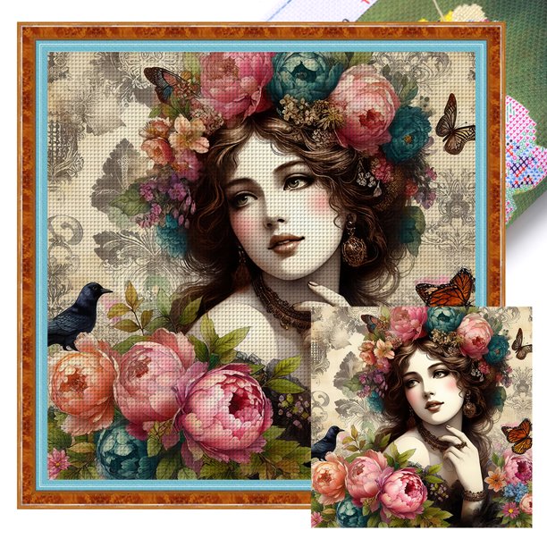 (11CTACC-5725__C__50X50) Hilo algodón ecológico bordado 11CT 3 hebras impresión 50*50cm kit serie personajes punto cruz Peony Victoria