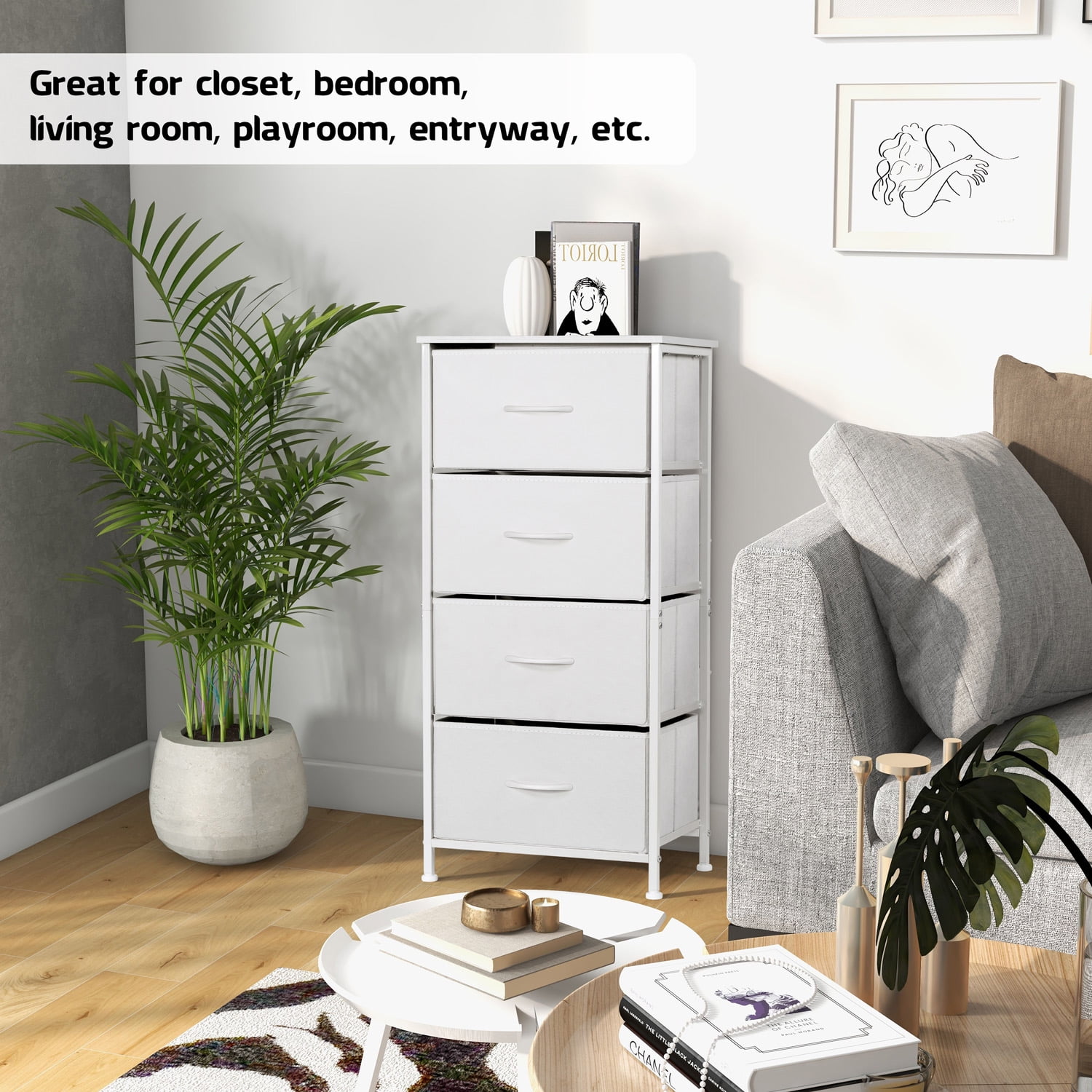 4 Drawers Dresser for Bedroom, Vesteel Fabric Chest of Drawers Tall Storage Tower with Wood Top and Sturdy Steel Frame, Storage Organizer Unit for Closet, Living Room, Hallway - White