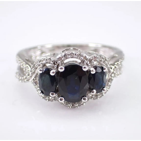 TAAPSEE JEWELS Lab Created Blue Sapphire Oval Cut Three Stone Wedding Ring for Women 14k White Gold Plated