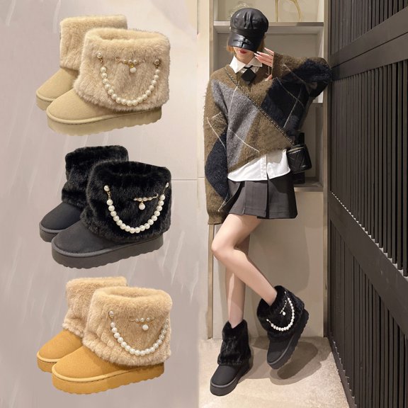FRSASU Women's Fuzzy Fleece Trim Platform Ankle Snow Boots Pearl Chain Decor Slip On Warm Fur Lined Winter Booties Khaki
