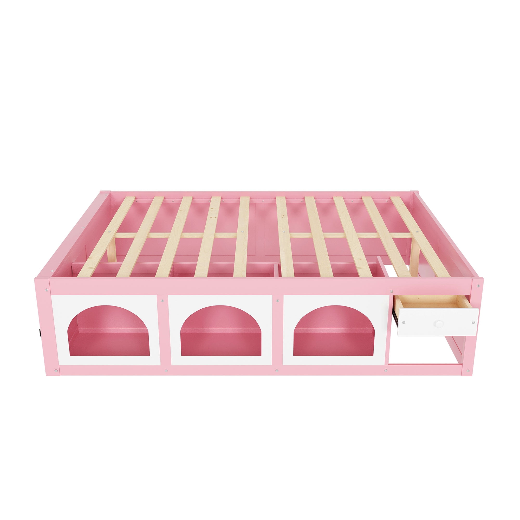 Mintazer Modern Queen Size Bed with Bookshelf and 3 Open Cubbies & Drawer, Platform Bed Frame with LED Light for Kids Bedroom, Pink & White
