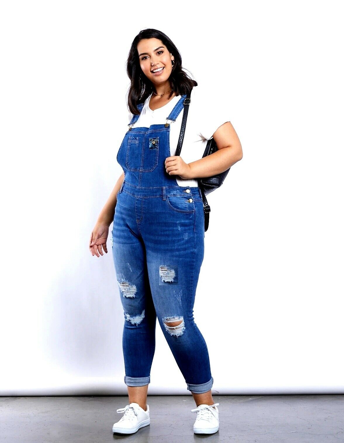 Women's Plus Size Long Overalls Jumpsuit Distressed Stretch Denim Jeans - image 4 of 4