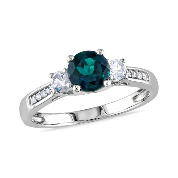 AMOUR Diamond and Created Emerald and White Sapphire 3-sTone Engagement Ring In 10K White Gold