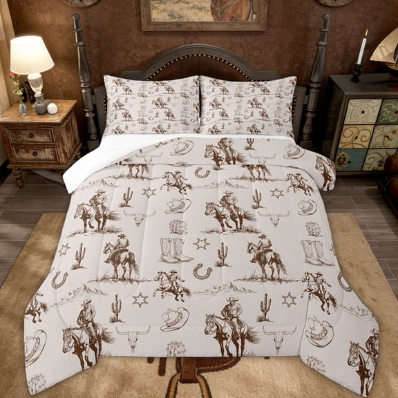 Erosebridal Rustic Cowboy Full Size Comforter Sets for Kid, Western Horse Cactus Bedding Sets, 3-Piece