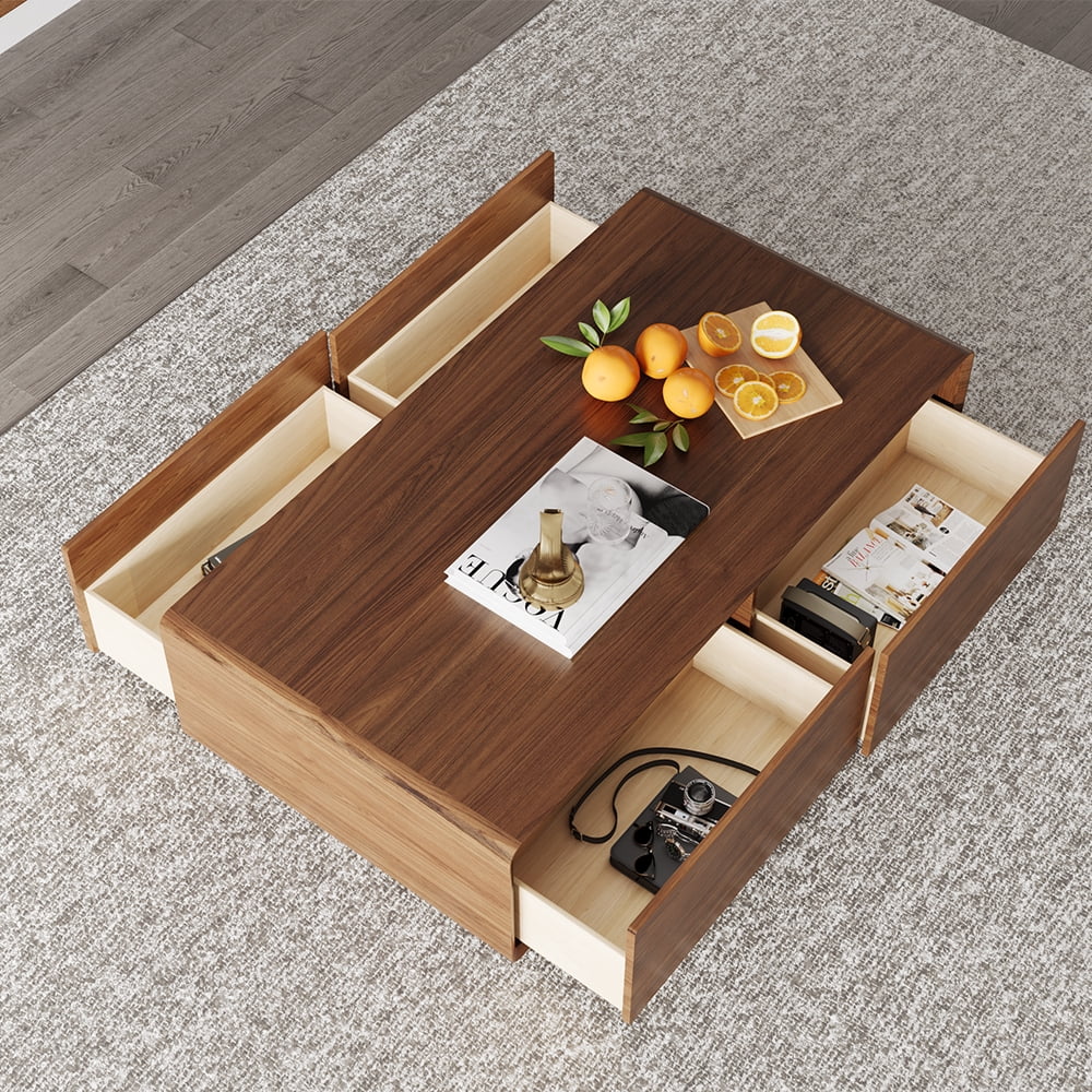 POVISON Modern Rectangular Coffee Table, Wood Coffee Table with Storage, 4 Solid Wood Drawers, Fully-Assembled, 51.18", Walnut