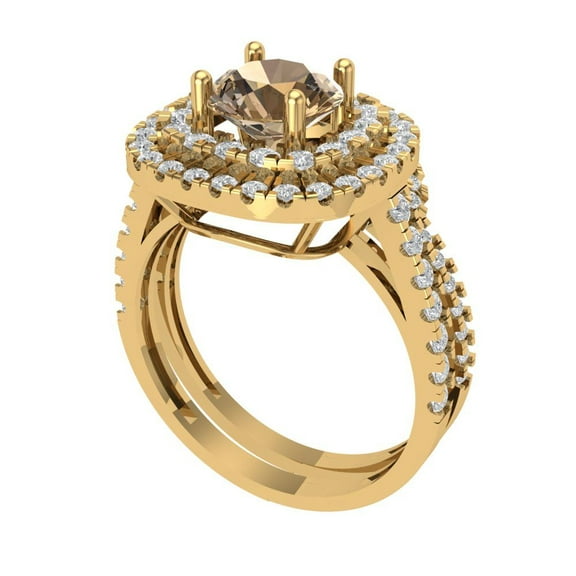 1.8 ct Brilliant Round Cut Champagne 14K Yellow Gold Halo Solitaire with Accents Engagement Bridal Wedding Ring Band Set size 9.75