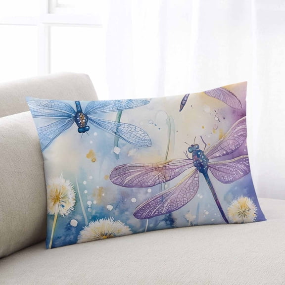 Dragonfly Flowers Oversized Pillow Covers, Blue Purple Watercolor Spring Plant Soft Throw Pillow Cases with Invisible Zipper, Decorative Pillowcase Pillows Protectors for Sofa Bed Couch 24"x36"