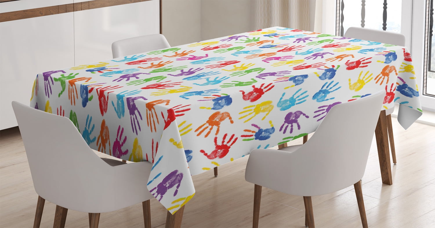 Colorful Decor Tablecloth, Human Handprint Kids Watercolor Paint Effect