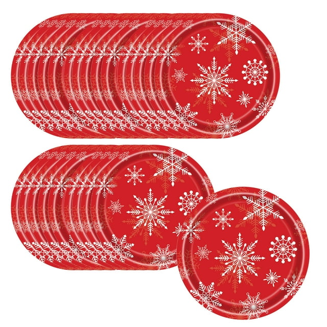 HHBEAUTY 25PCS Christmas Winter Red Snowflake Paper Plates, Snowflake Winter Disposable Tableware for Christmas Winter Holiday New Year Birthday Party Supplies Decorations, 7"