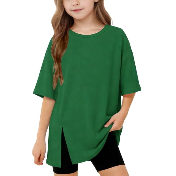 CYRBOKO Girls Casual T-shirts, Crewneck Loose Summer Short Sleeve Basic Tops Green Size 5-14 T