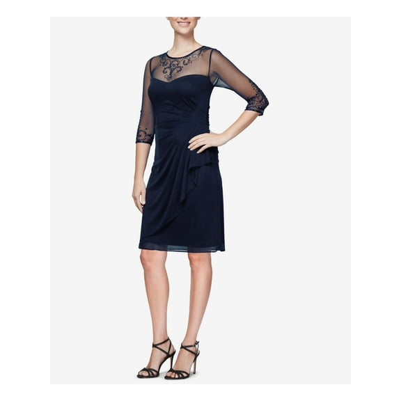 ALEX EVENINGS $179 Womens New 1148 Navy Ruched Embellished Dress 12P Petites B B