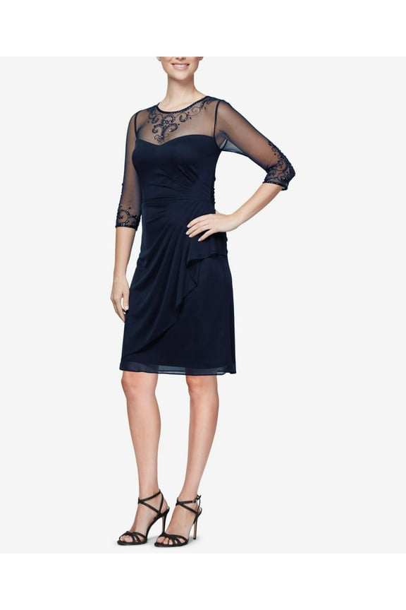 $179 Womens New 1148 Navy Ruched Embellished Dress 12P Petites B+B
