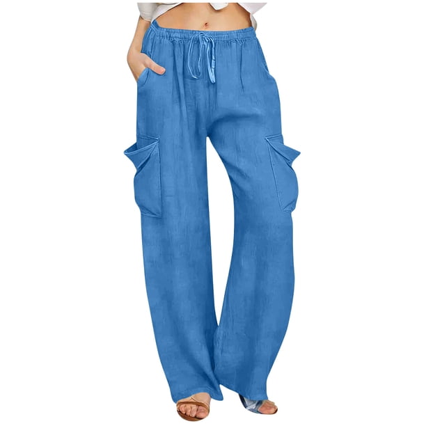Pantalones de Vestido de Cintura Elástica para Mujeres Color Sólido Suelto Elástico Cordón de Cintura Pantalones de Pierna Recta de Bolsillo Grande