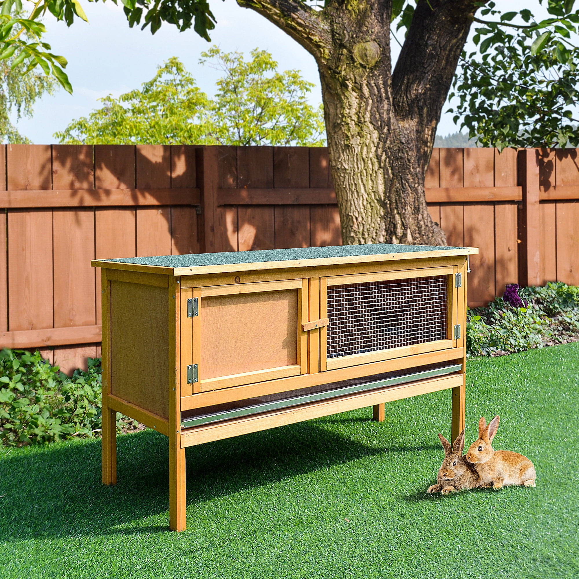 Wooden Rabbit Hutch, Bunny Cage with Openable Waterproof Roof, No Leak Tray, Solid Fir Wood, Indoor/Outdoor, Yellow & Green