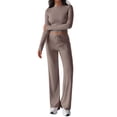 thumbnail image 3 of Conjuntos de 2 Piezas para Mujer, Larga, Cuello Redondo, Pantalones Acampanados de Cintura Alta, Conjuntos de Chándal, Ropa de Calle. Camello L, 3 of 9