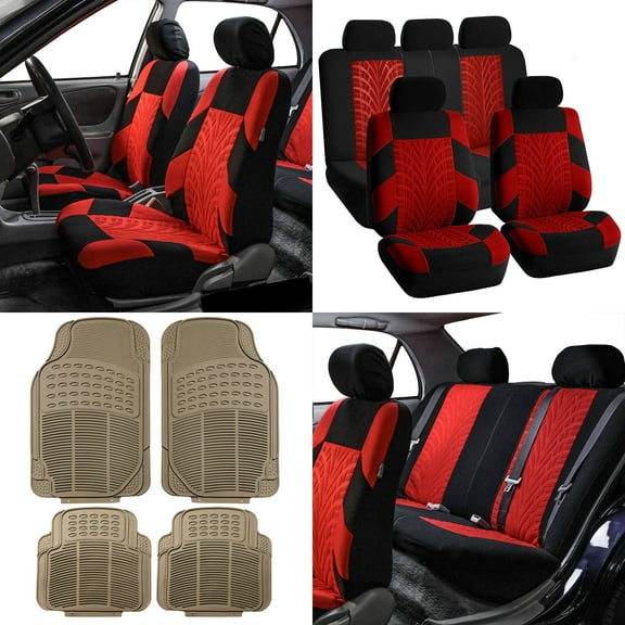 FH Group FH Travel Master Car Seat Covers for Auto Complete Seat Covers Set with 4PCS with Beige Floor Mats Red Black