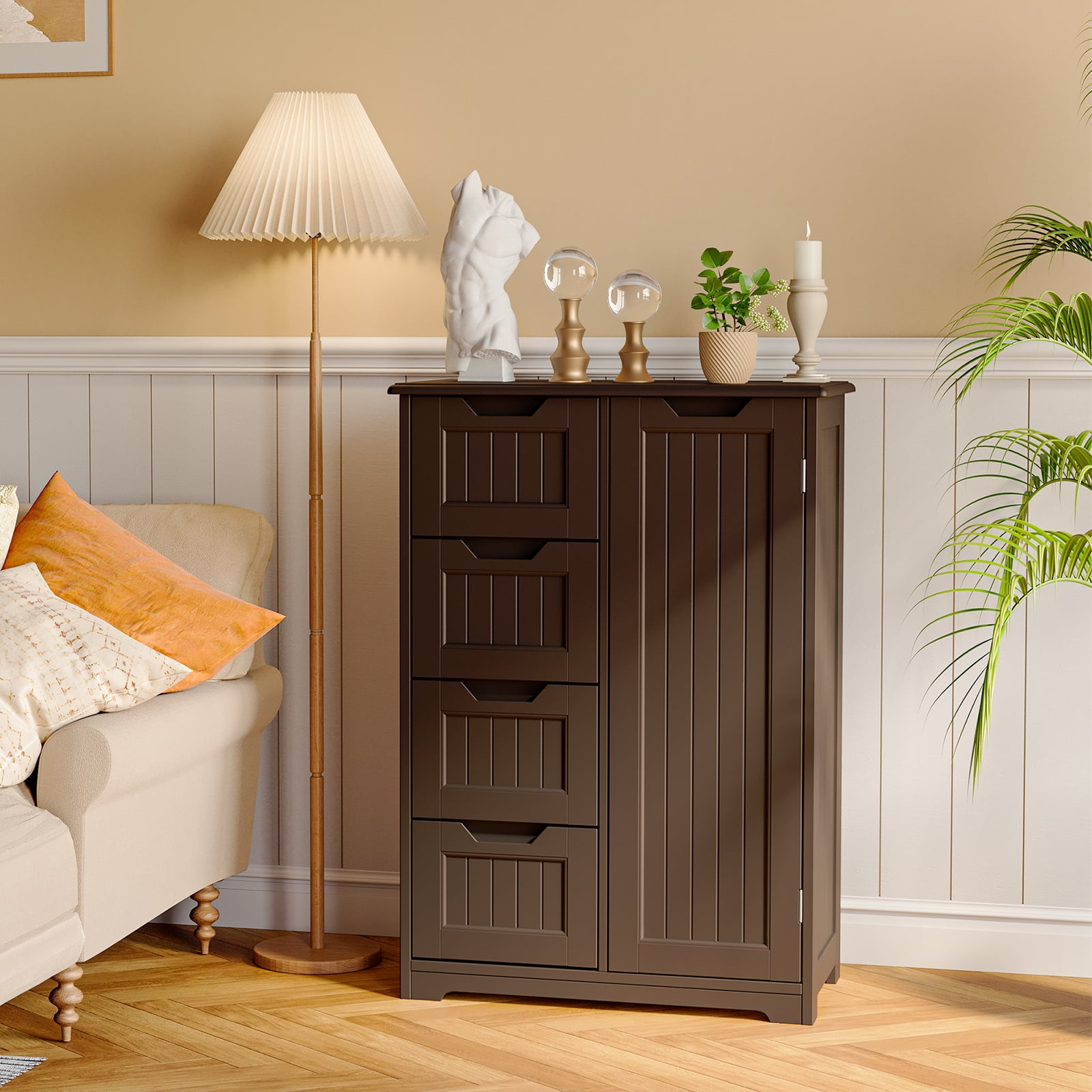 Pantry Cabinet, Lofka 33" Small Kitchen Pantry Storage Cabinet with 1 Door, 2 Shelves, 4 Drawers, Dark Brown
