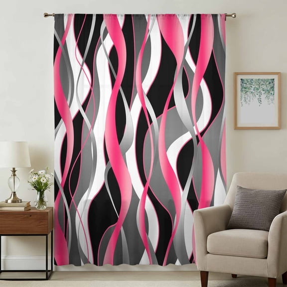Pink Stripe Sheer Curtains 84 Inches Long, Gradient Grey Moire Geometric Modern Abstract Light Filering Curtains, Breathable Simi Curtain Privacy Drapes for Living Room Bedroom Window Treatment