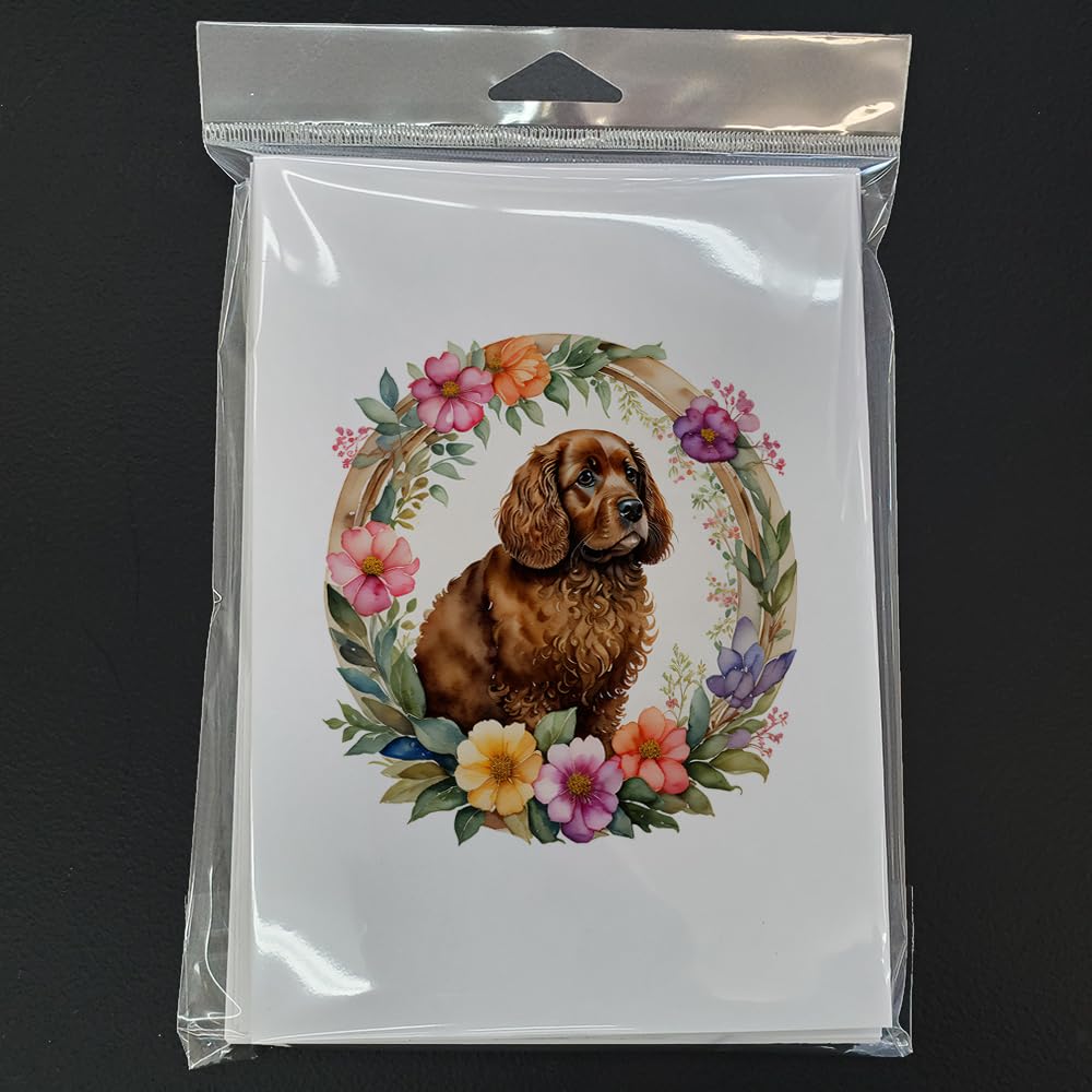American Water Spaniel and Flowers Greeting Cards and Envelopes Pack of 8 7 in x 5 in