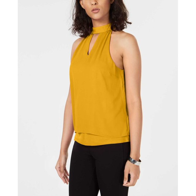 Bar III Women's Mock-Neck Keyhole Blouse Pullover Shirt Tops, Yellow, Large