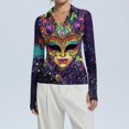 thumbnail image 2 of Womens Mardi Gras Shirts Glitter Mask Print V Neck Graphic Tee Sparkly Long Sleeve Purple Blouse Purple M, 2 of 7