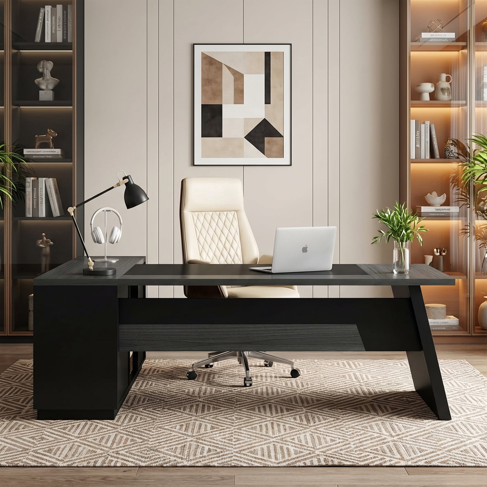 Modern L-Shaped Executive Desk 78-Inch Large Office Desk with Lateral File Cabinet and Storage Shelves Home Office Workstation Walnut Black