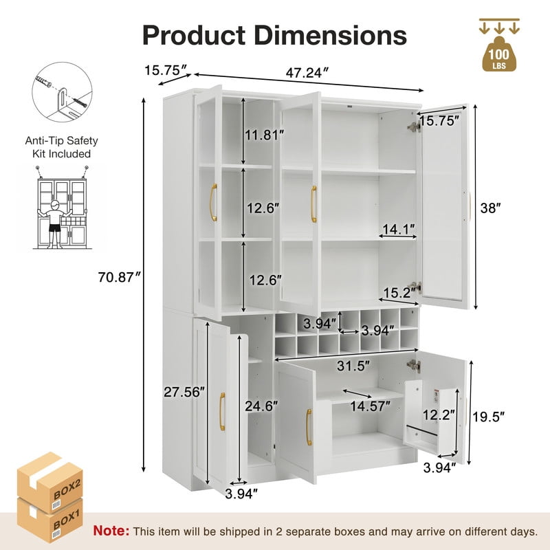 Tall Wine Storage Cabinet with Glass Doors, Freestanding Home Bar Pantry Cabinet with Goblet Rack & 18-Bottle Grid