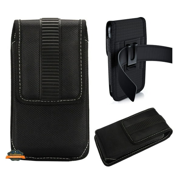 For Samsung Galaxy A14 5G Rugged Canvas Cellphone Belt Clip Cover Holster Pouch Holder with Belt Loops Universal Vertical Carrying Case - Black