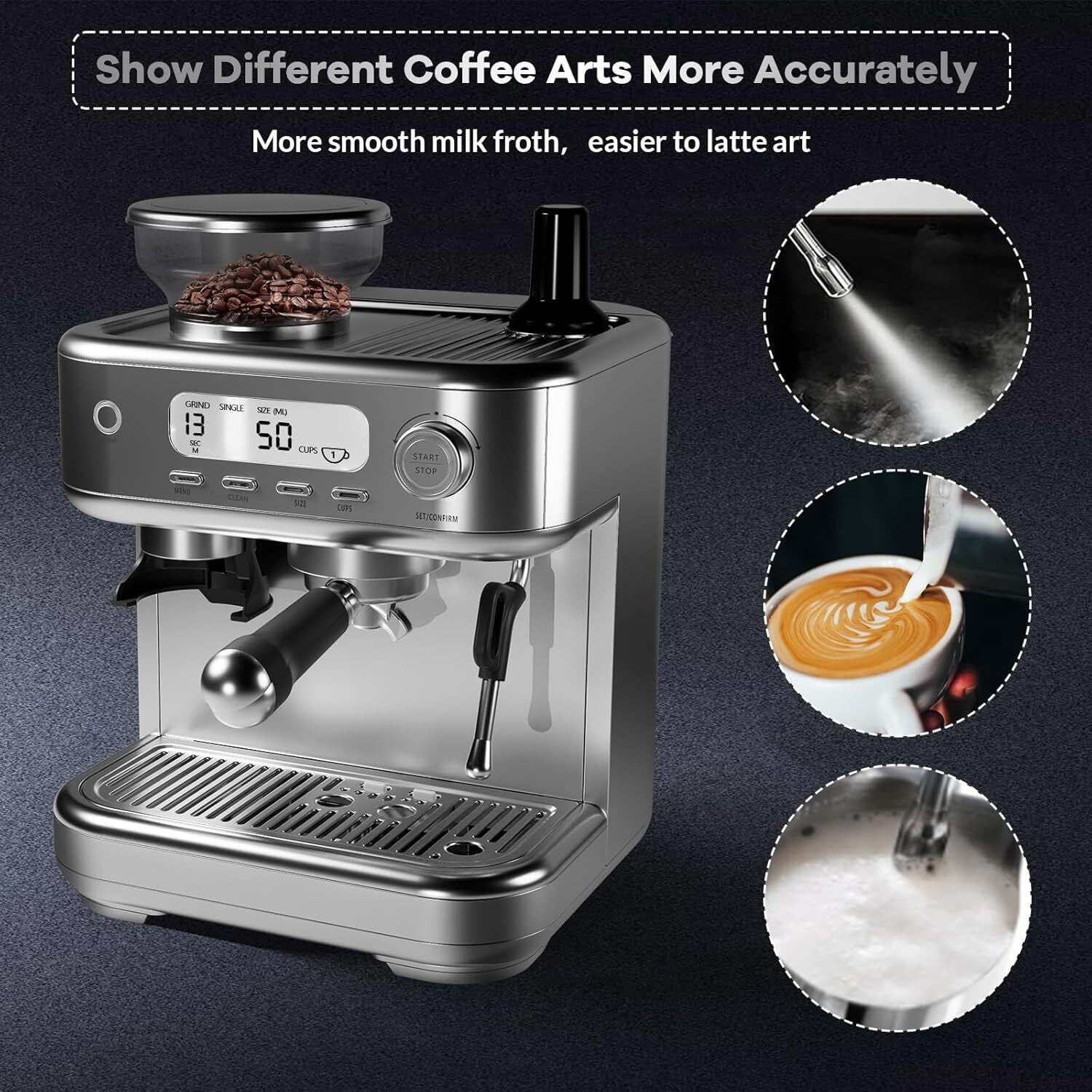 Garvee Espresso Machine with Grinder, 15 Bar Stainless Steel Professional Espresso Maker W/LCD Display & 2.3L Removable Water Tank for Home Office, Gray