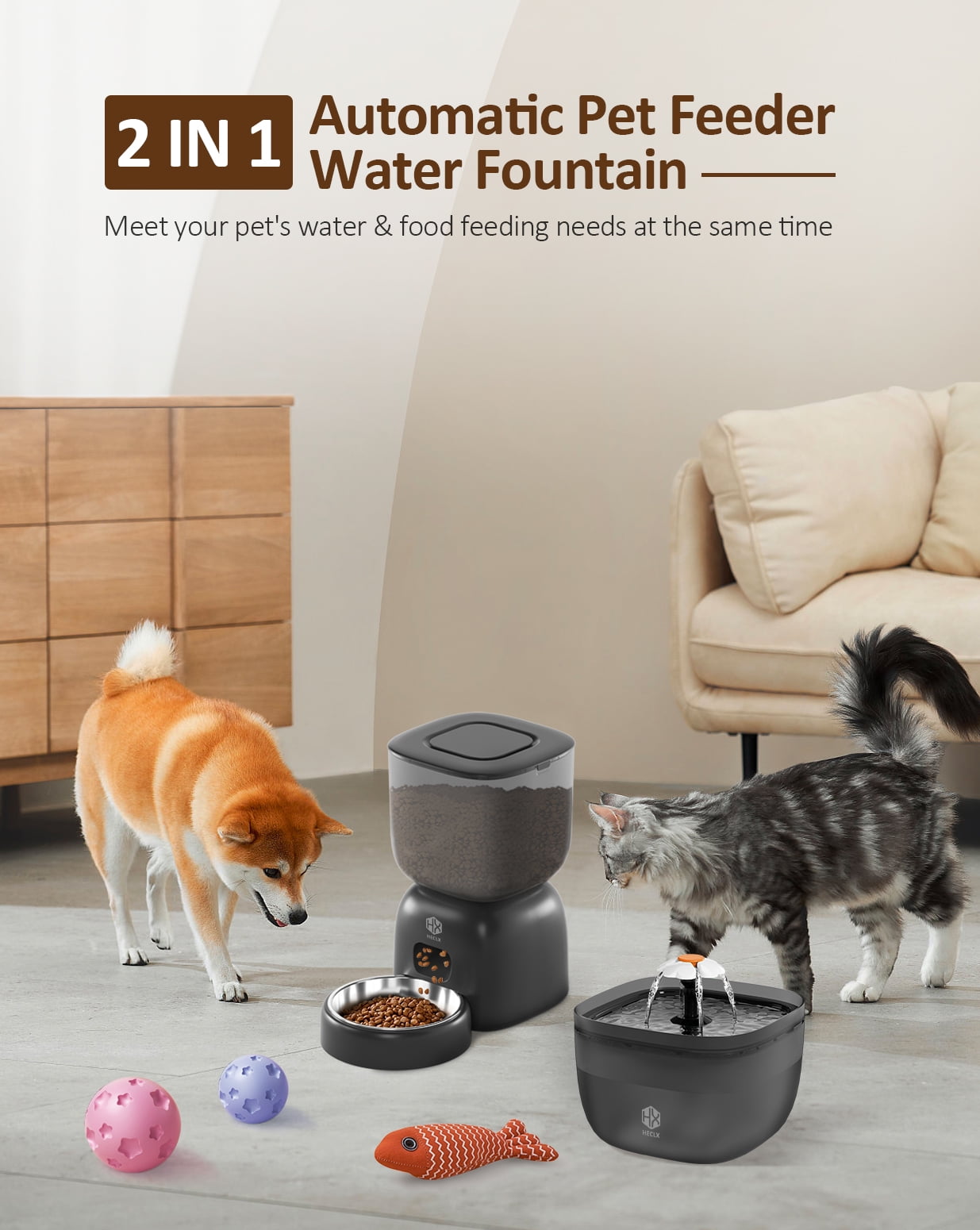 Automatic Cat Feeder and Water Dispenser Set with Pet Food Bowl, Smart Cat Food Timer Automatic Feeder, Locking Lid, Voice Recorder (Black)