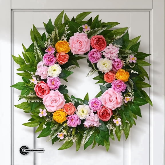 Yastouay 24 Inch Spring Wreath for Front Door, Summer Wreath With Artificial Hydrangeas and Peony for Farmhouse Decor