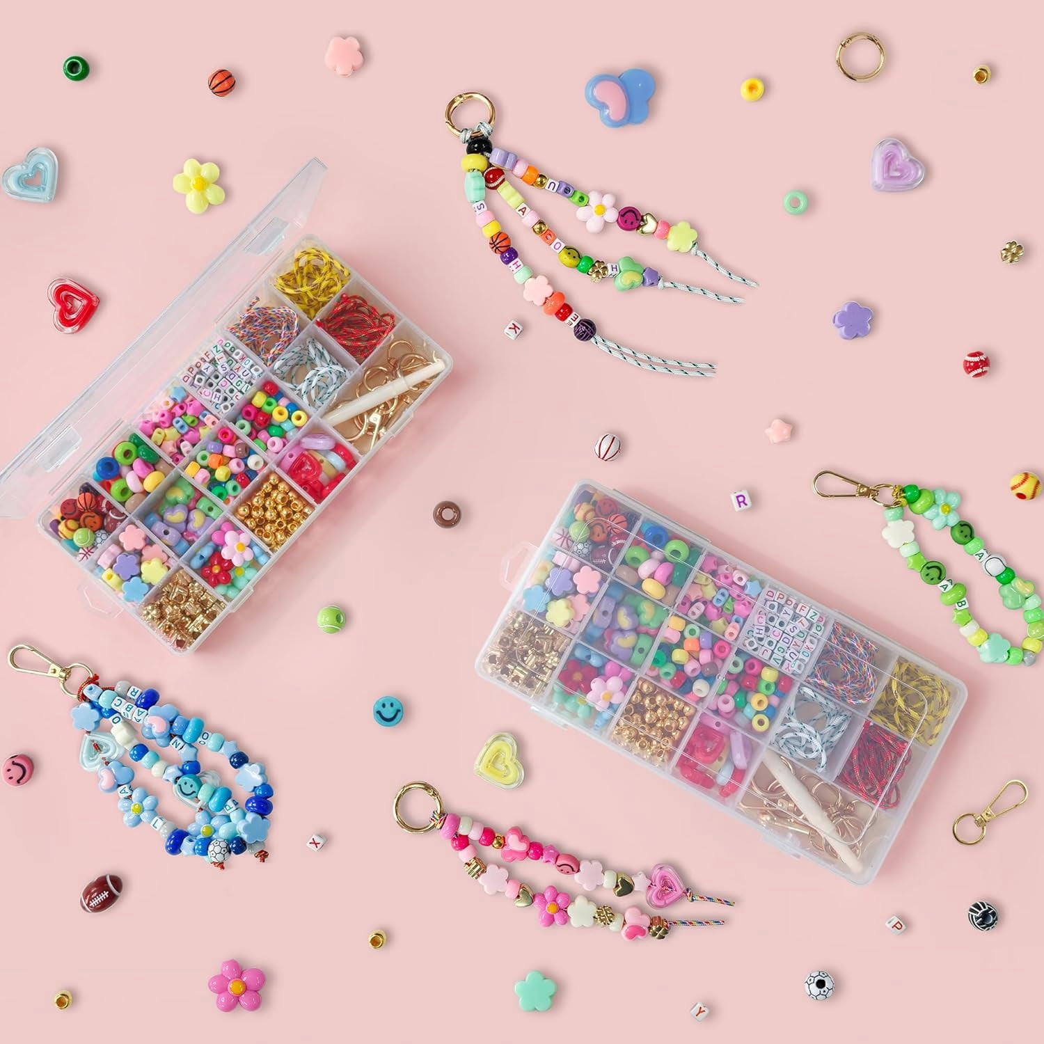 528PCS DIY Beaded Keychain Making Kit for Adult Women, Acrylic Heart Star Flower Alphabet Beads Charms, All-in-One Craft Supplies for Handmade Jewelry & Bag Decor