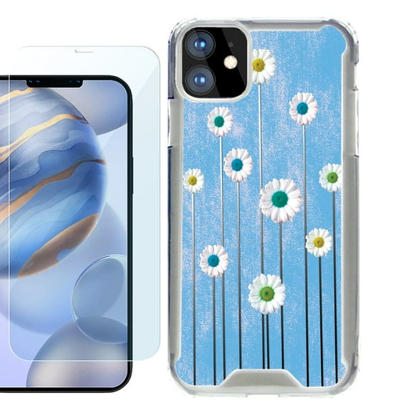 For Apple iPhone 12 Case, iPhone 12 Pro Case, Hybrid Bumper Phone case, with Tempered Glass Screen Protector, by OneToughShield ® - Daisy Sky