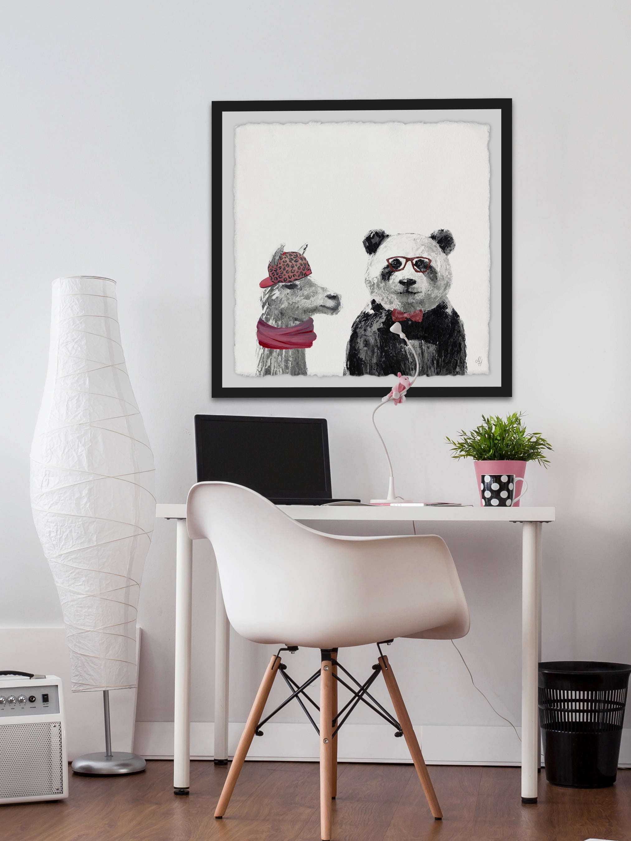 Panda And Llama In Pink Framed Painting Art Print, 18.00" x 1.50"