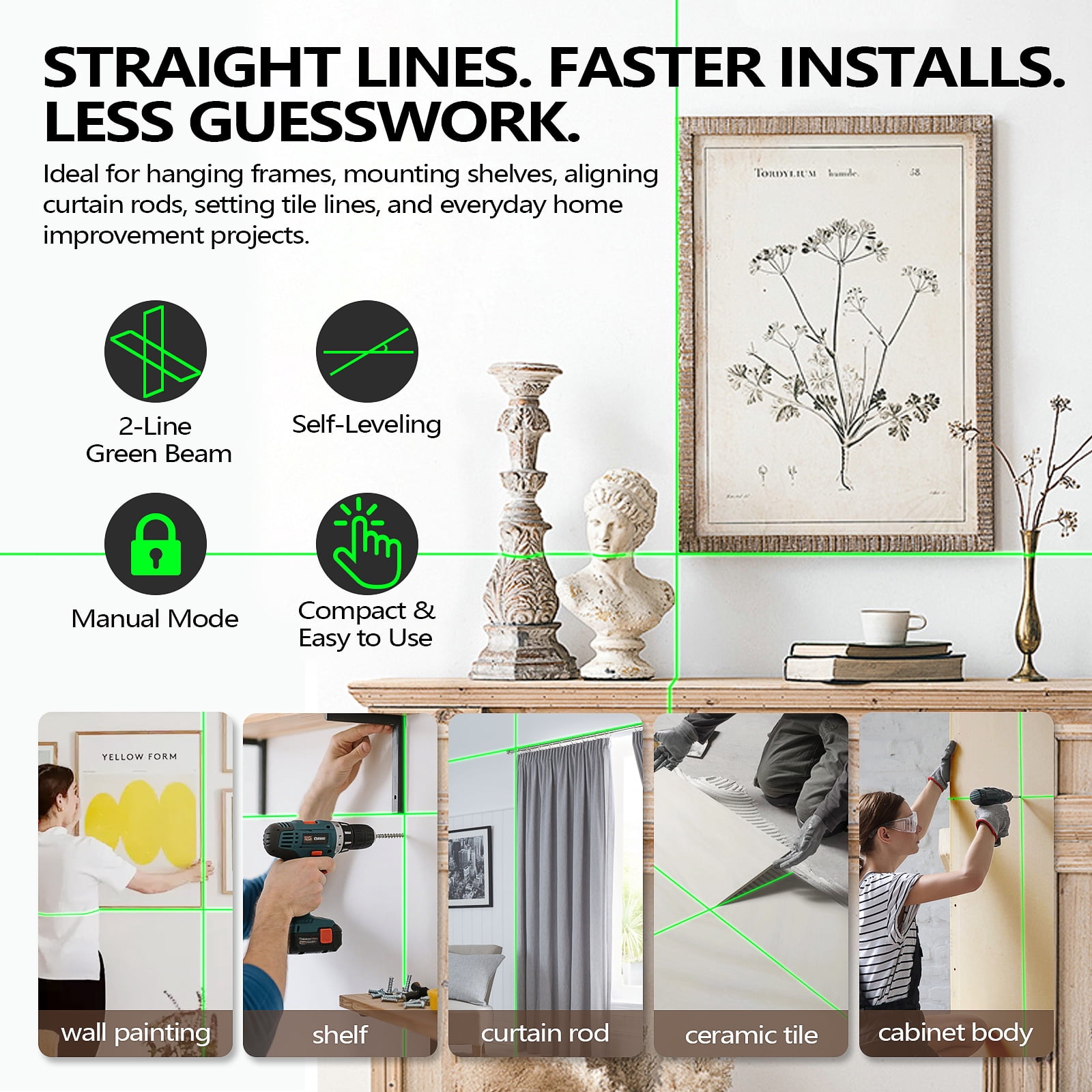 Green Laser Level 2 Line TK011, Ultra Bright Cross Line, 2s Self Leveling,  ±3mm Accuracy, 2200mAh Rechargeable, Shockproof Durable Build for Jobsite (Basic Kit – Magnetic Mount + Hard Case)