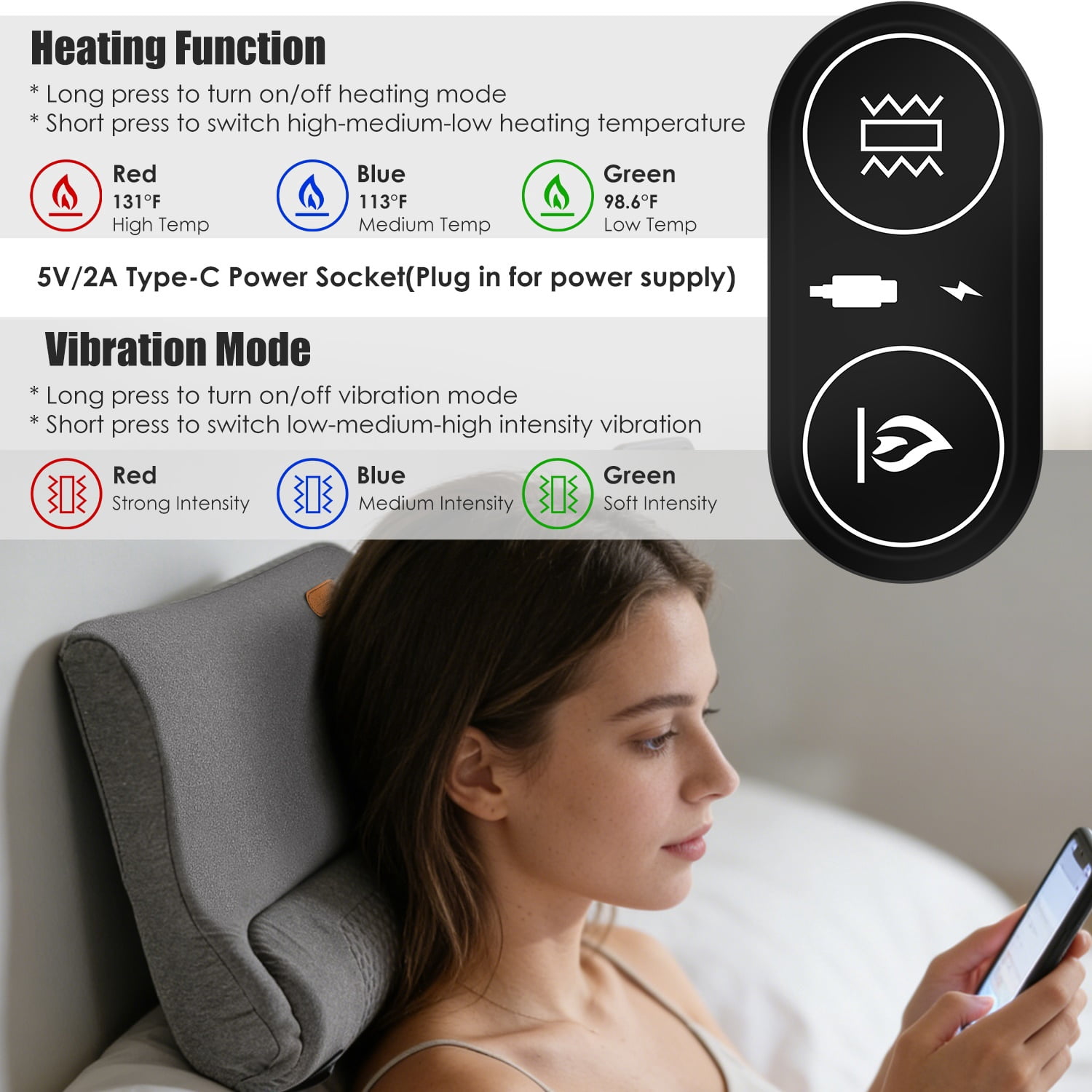 22In Heated Neck Massager Pillow 3Heat Settings 3Vibration Modes Memory Foam Support USB Plug In Auto Shut Off Eye Mask Home Office Travel Portable Dark Grey Soft Use Contoured Ergonomic Lightweight