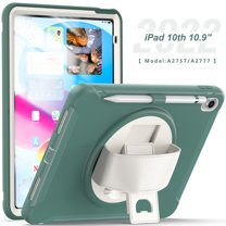 ELEHOLD for iPad 10th Gen 10.9" 2022 Rugged Case Three-Layer Protection with 360° Rotating Kickstand Adjustable Handstrap Pencil Holder Shockproof Case For iPad 10.9" 2022,Emeraldgreen