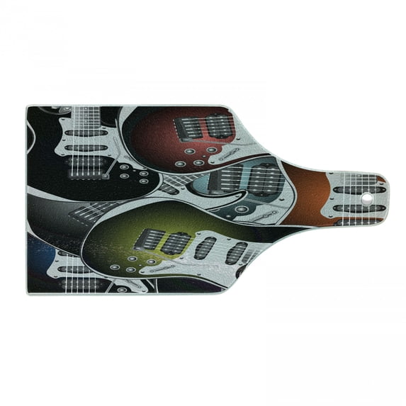 Popstar Party Cutting Board, Pile of Graphic Colorful Electric Guitars Rock Music Stringed Instruments, Tempered Glass Cutting and Serving Board, Wine Bottle Shape, Multicolor, by Ambesonne