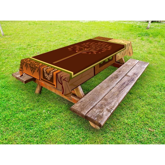 Primitive Outdoor Tablecloth, Tree Figure on African Tribal Motifs Leaf Floral Ornaments Native Folk Patterns, Decorative Washable Fabric Picnic Table Cloth, 58 X 84 Inches,Brown Green, by Ambesonne