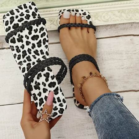 

NEGJ Summer Womens Ladies Flat Leopard Printed Squared Toe Slippers Shoes