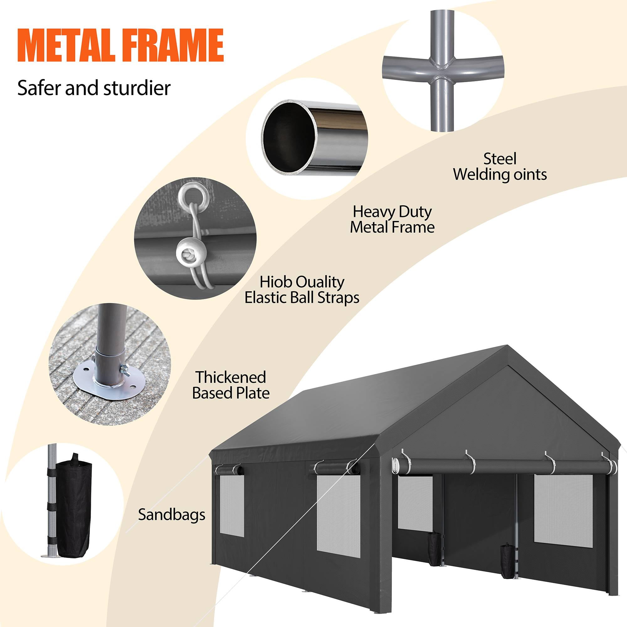 Walsunny 10x20 ft Carport with 4 Sandbags Heavy Duty Car Canopy with Roll-up Windows Portable Garage with Removable Sidewalls & Doors Black