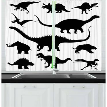 Ambesonne Dinosaur Kitchen Curtains, Silhouettes Predators, 55"x39", Black White