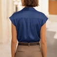thumbnail image 4 of Only Moment Button Up Blouse Women Short Sleeve V Neck Satin Wrinkle Free Business Casual Work Blouse Tops Womens Work Tops Dark Blue,2XL, 4 of 6