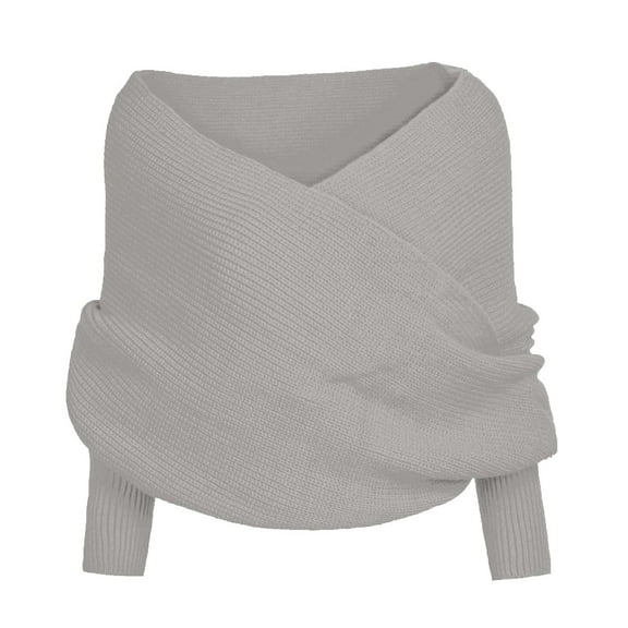 Xfvqtps Knitted Shawl Wrap Top for Women Cross V Neck Knitting Solid Color Pullover Warm Fall Winter Sweater Shawl Gray