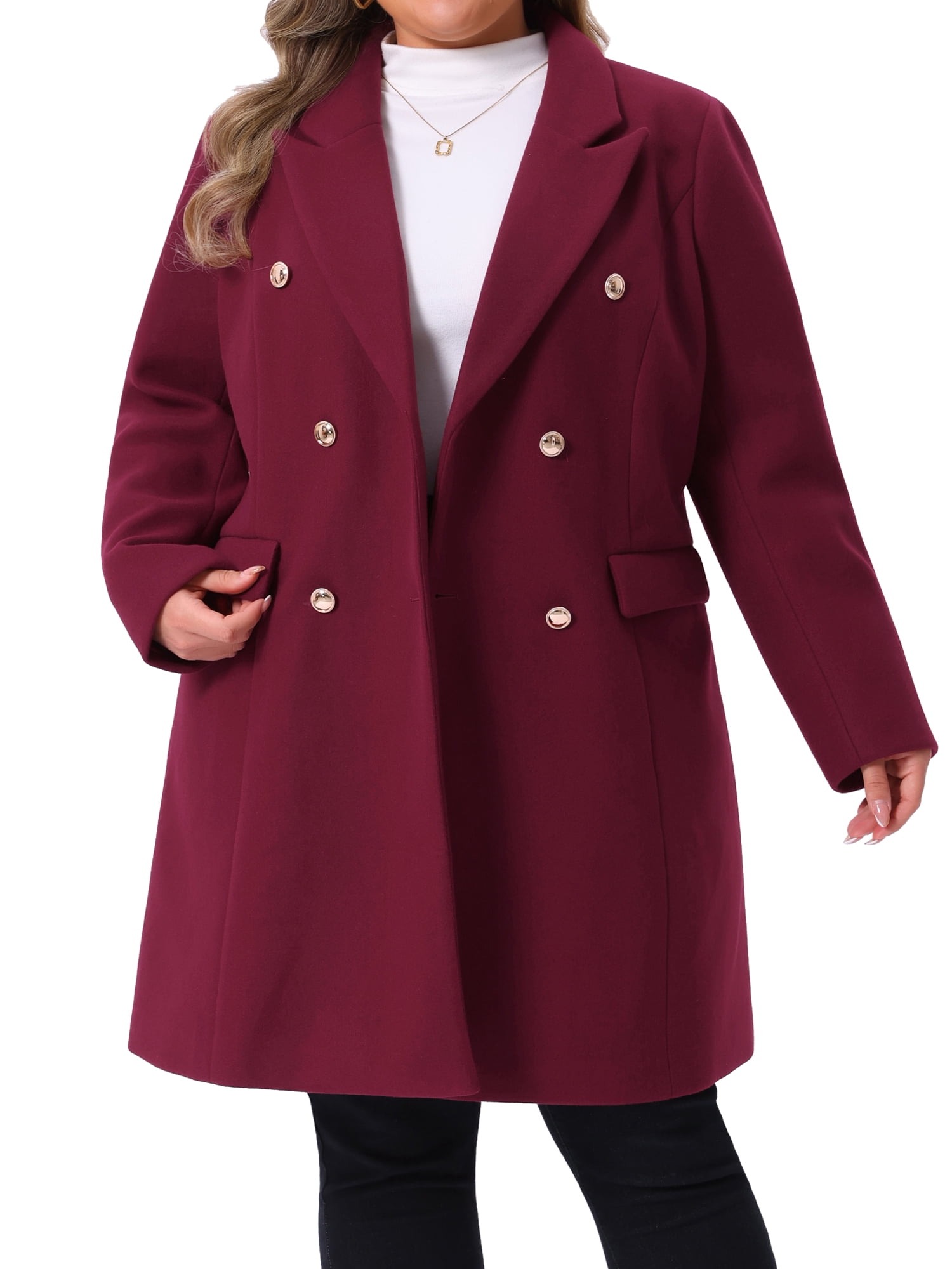 DARING DIVA Women's Plus Size Winter Pea Coat Double Breasted Notch Lapel 1X Burgundy