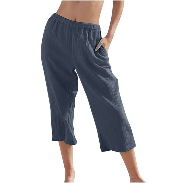 Timegard Womens Capri Pants Wide Leg Elastic Waisted Solid Color Lounge Pants with Pockets Crop Pants